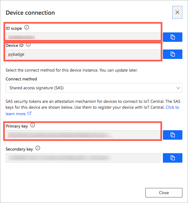 The IoT Central connection details dialog